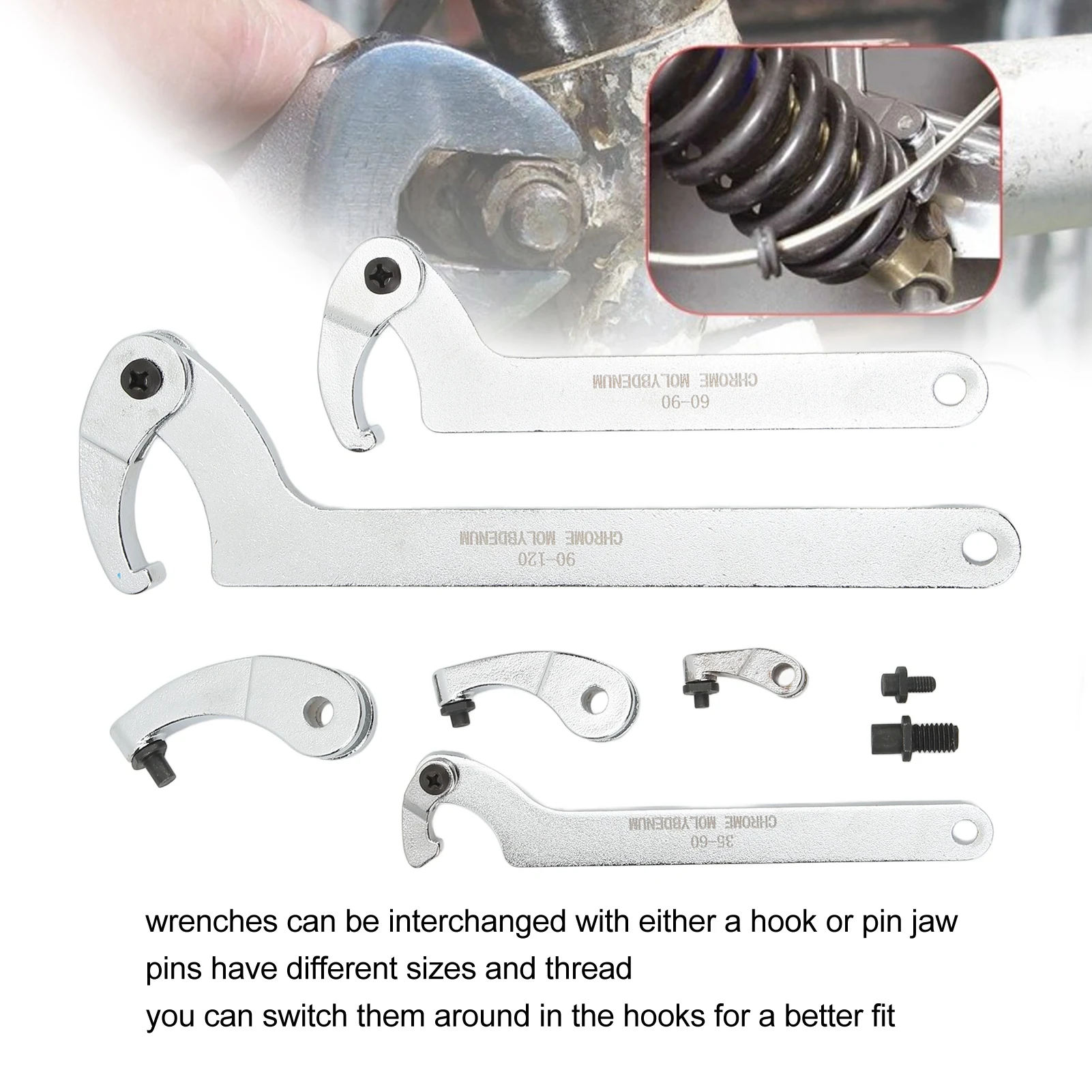 

8 Pcs Adjustable Hook Pin Wrench 35‑120mm C Hook Round Head Spanner Set for Motorcycle Dirt Bike Nuts Bolts Driver Hand Tools