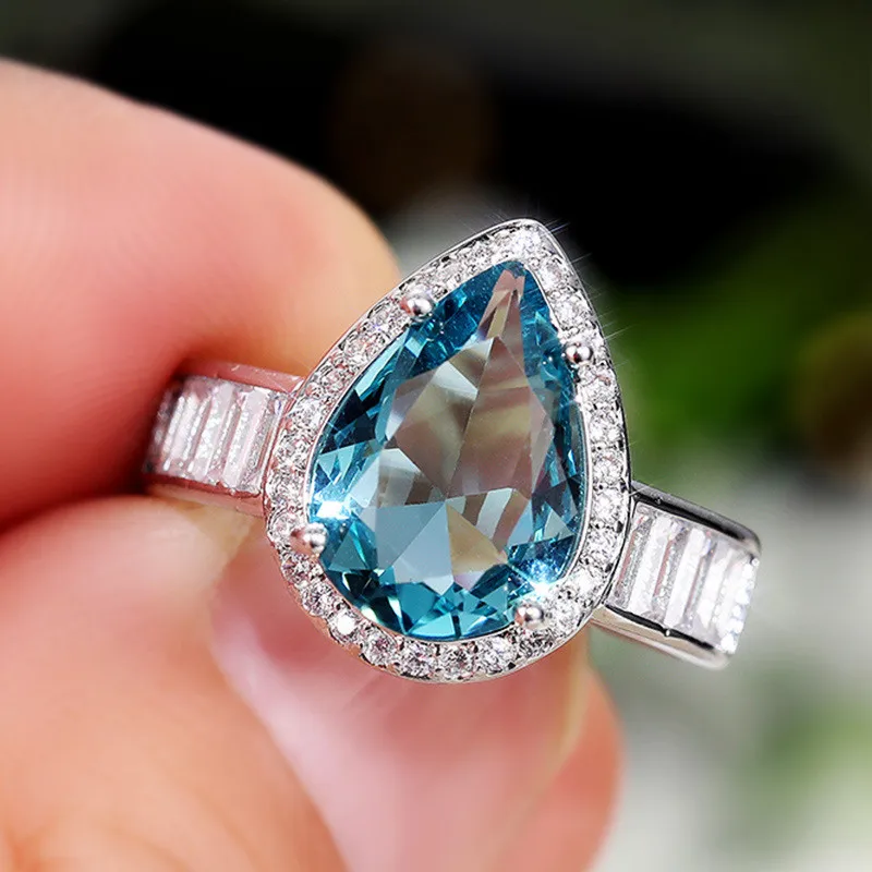 925 Sterling Silver Blue Pear CZ Engagement Rings for Women Brilliant Female Accessories Party Anniversary Ring Trendy Jewelry