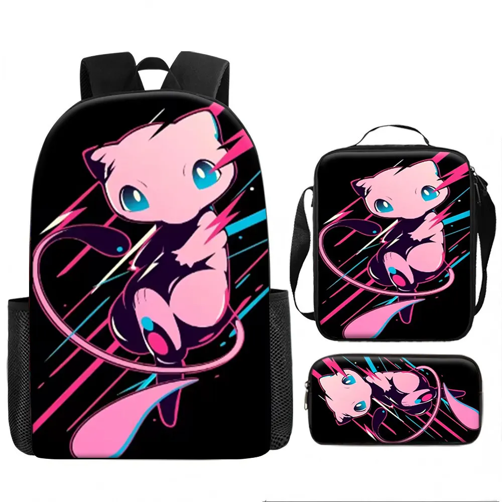 Kids Bag,Pokemon,Mew 3pcs Backpack Set Neon Speed Lines Print Breathable Canvas School Bag for Kids Students