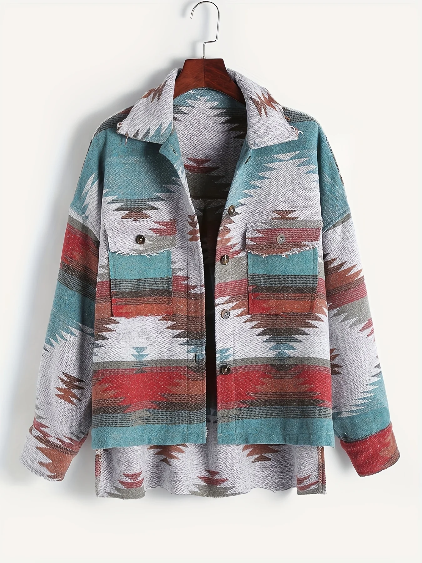 Casaco Jacquard com Fios Tingidos de Frente Curta e Costas Longas Feminino, Burr Nacional de Vento Asteca, Moda Europeia e Americana