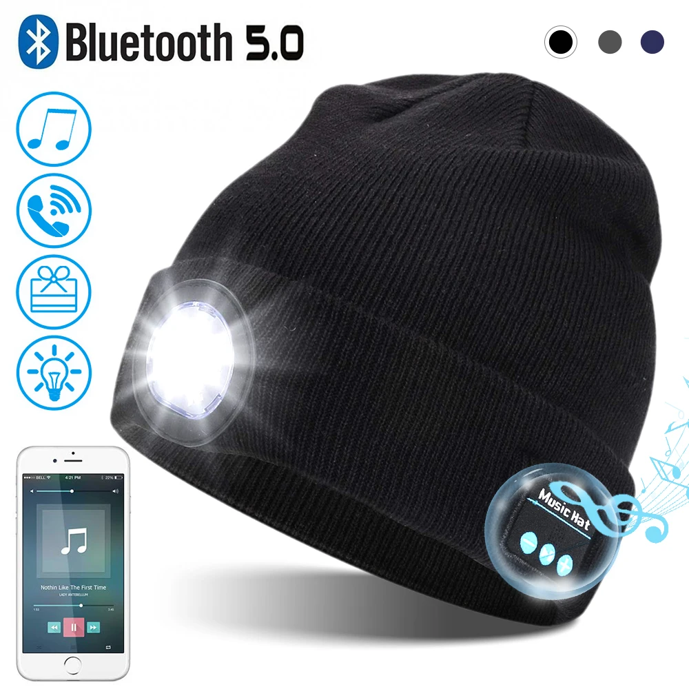 Warm Hat Beanie Bluetooth LED Hat Wireless Stereo Headphone Music Player with Microphone Hands-Free Support Dimming Rechargeable