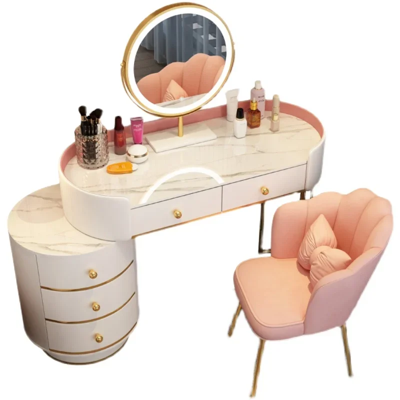 

Nordic Woman Dressing Table Mirror Led Lights Makeup Table Cabinet Organizers Storage Bedroom Furniture