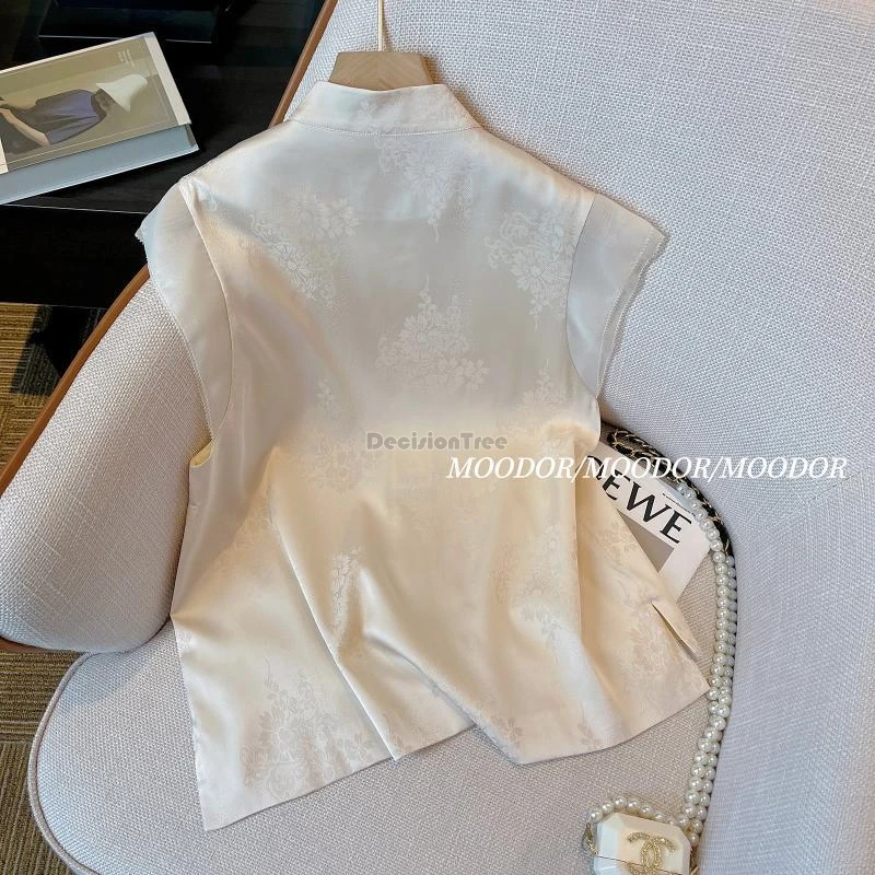 2024 new chinese style jacquard waistcoat shirt female summer standing collar clip loose embroidery sleeveless vest blouse top