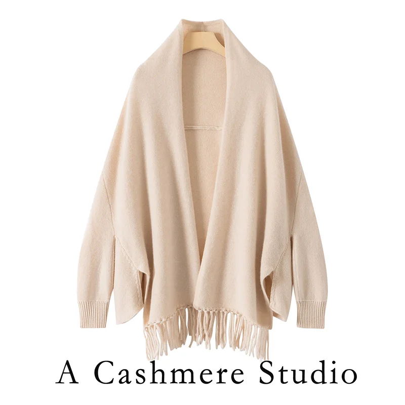 

Versatile Solid Color 100% Cashmere Fringed Shawl Women's Autumn/Winter Fashionable Vintage High-End Feel Travel Warm Outerwear