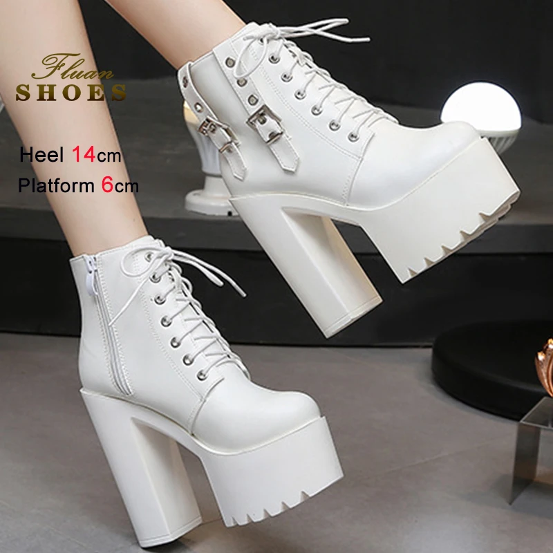 

Новые белые рыцарские сапоги в стиле панк с заклепками, высокие каблуки 14 см, платформа 6 см, короткие ботильоны на шнуровке, женская обувь, сапоги для верховой езды на толстом каблуке