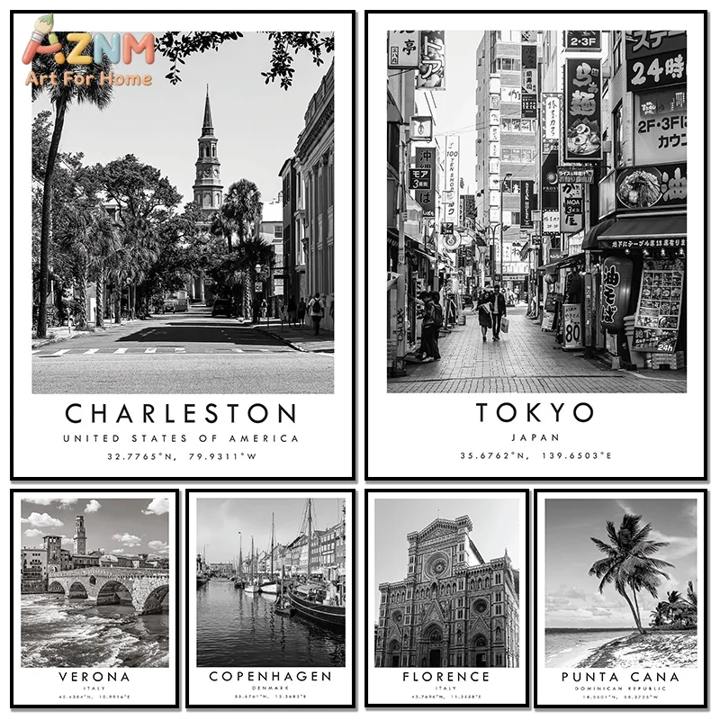 AZNM Black White City Landscape Canvas Wall Art World Travel City Coordinates Print Frameless Canvas Painting Living Room Home D