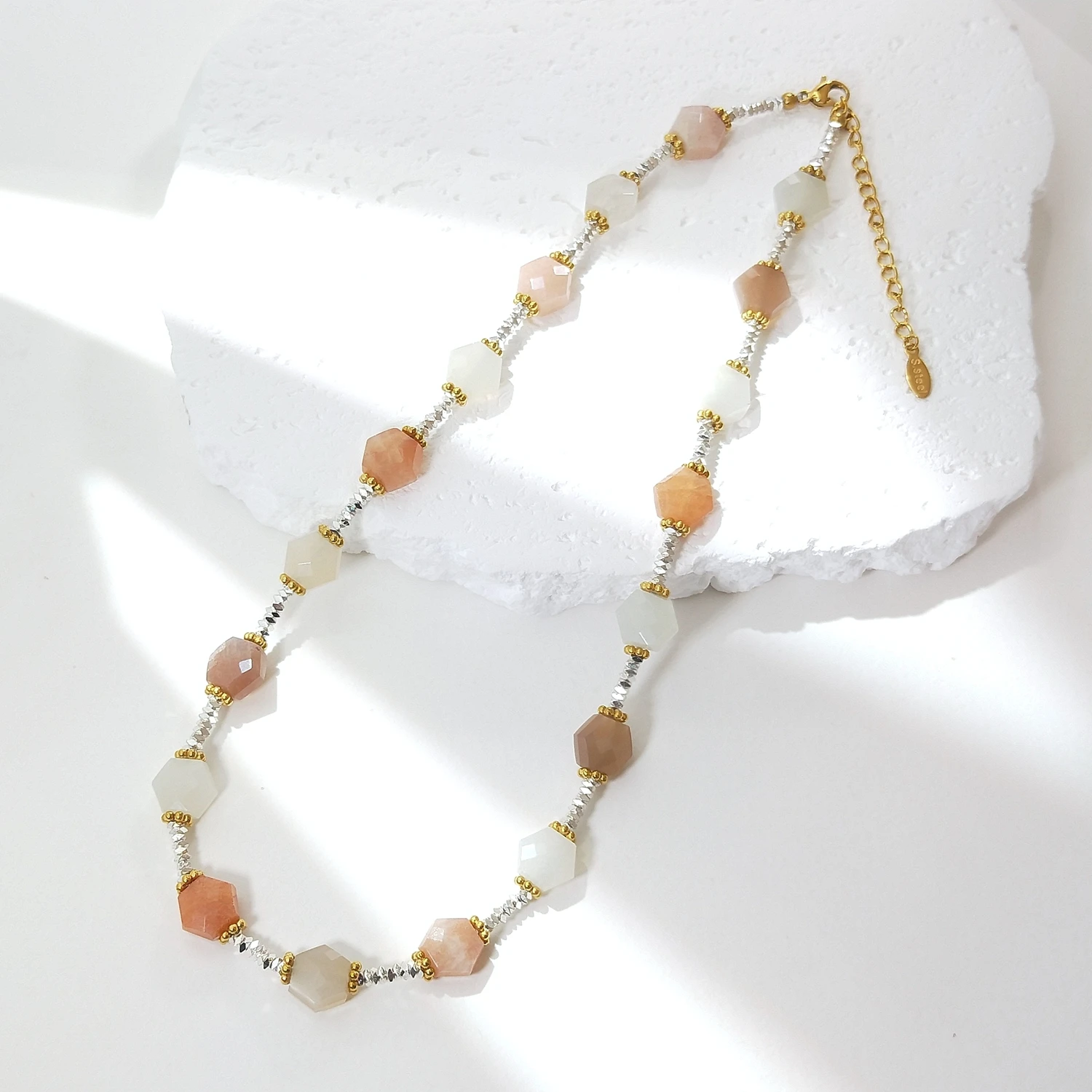 

Lii Ji Natural Moonstone Sunstone Beads With Hematite Stainless Steel Gold Color Choker Necklace 40+5cm