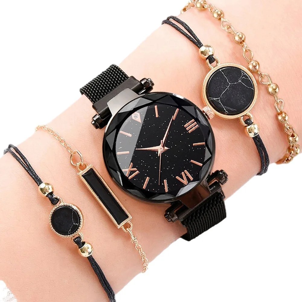 5pcs Women's Fashion Starry Sky Love Absorbent Iron Mesh with Quartz Watch+Bracelet Combination Set