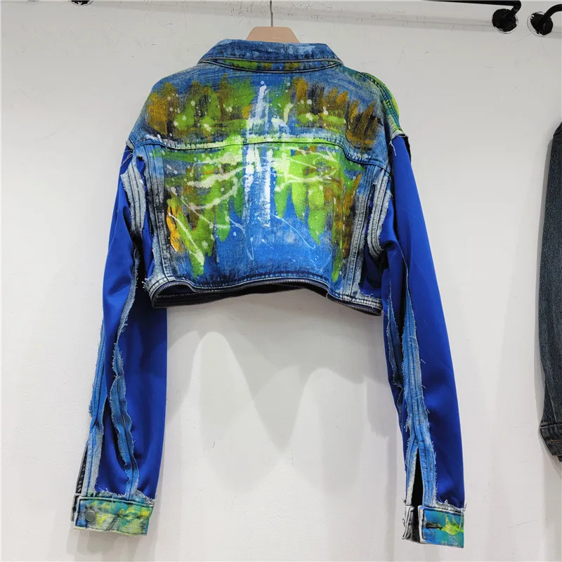 Hand Paint Graffiti Splicing Denim Jacket Women Loose Short Cowboy Outerwear Fashion Big Pocket Hem Zipper Jeans Jacket Female