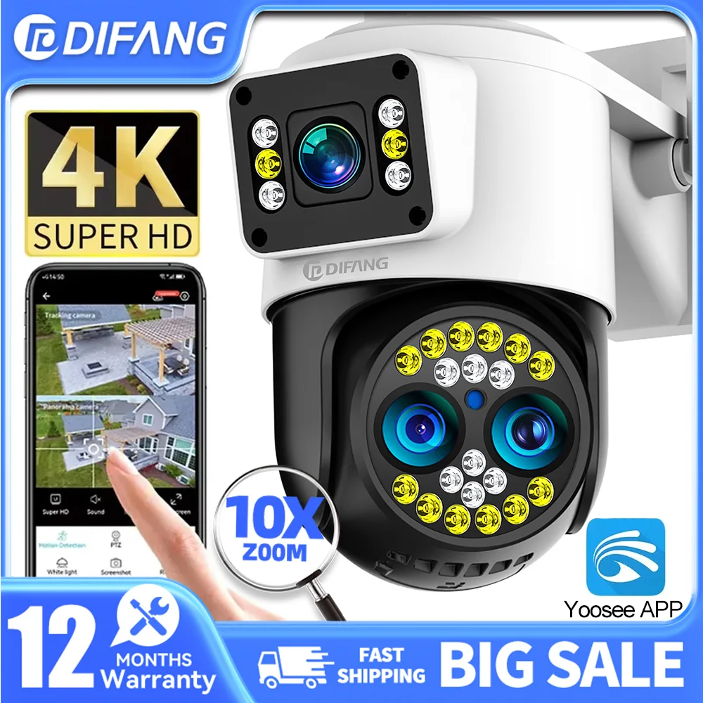 

DIFANG 4K Camera WiFi Outdoor UHD Optics10x Zoom 4G Wireless Camera 8MP Triple Lens Dual Screen Voice Color Night Vision IP CCTV