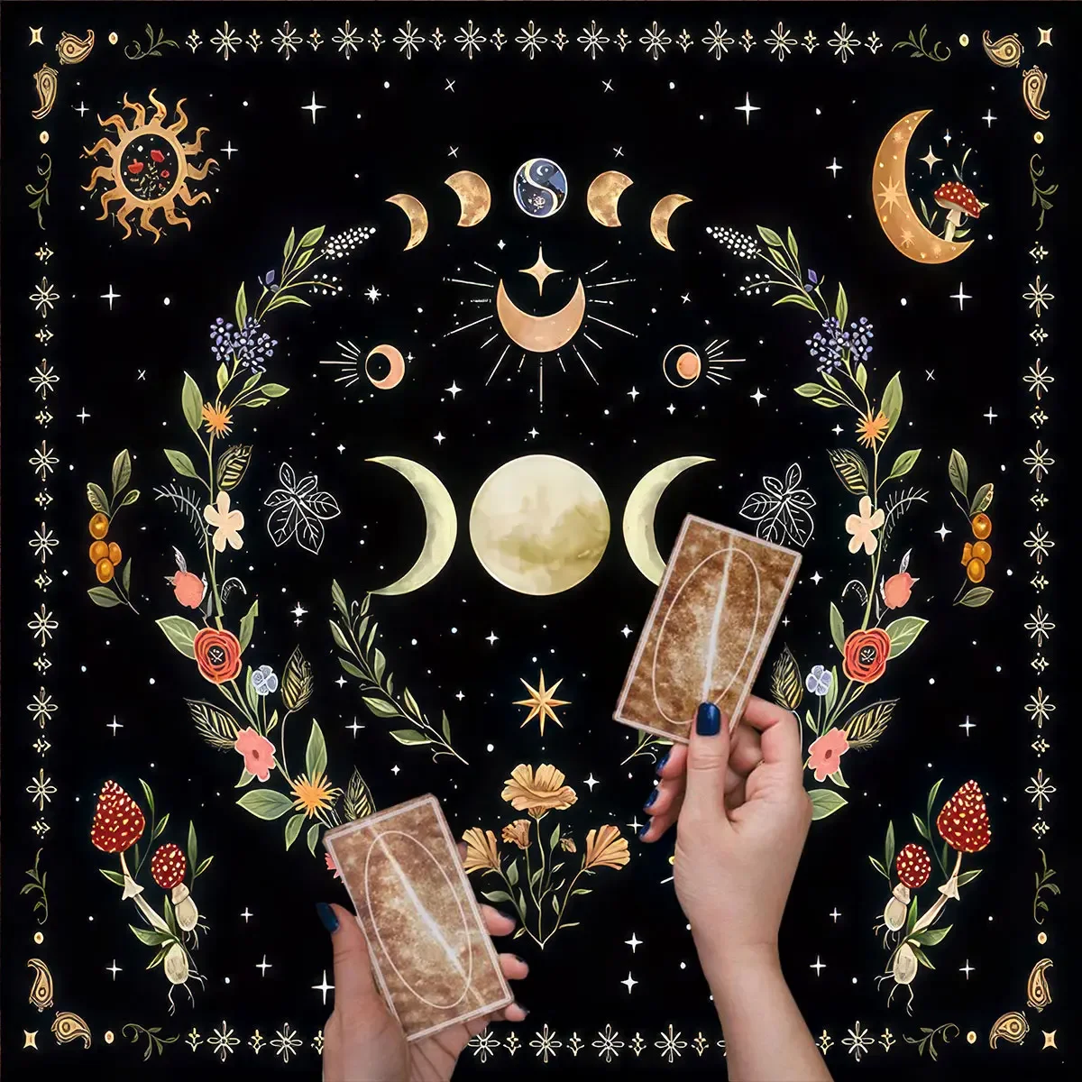 

Triple Moon Floral Botanical Tarot Cloth Altar Tarot Tablecloth Spiritual Oracle Card Pad Moonlight Garden Witchery Tarot Mat