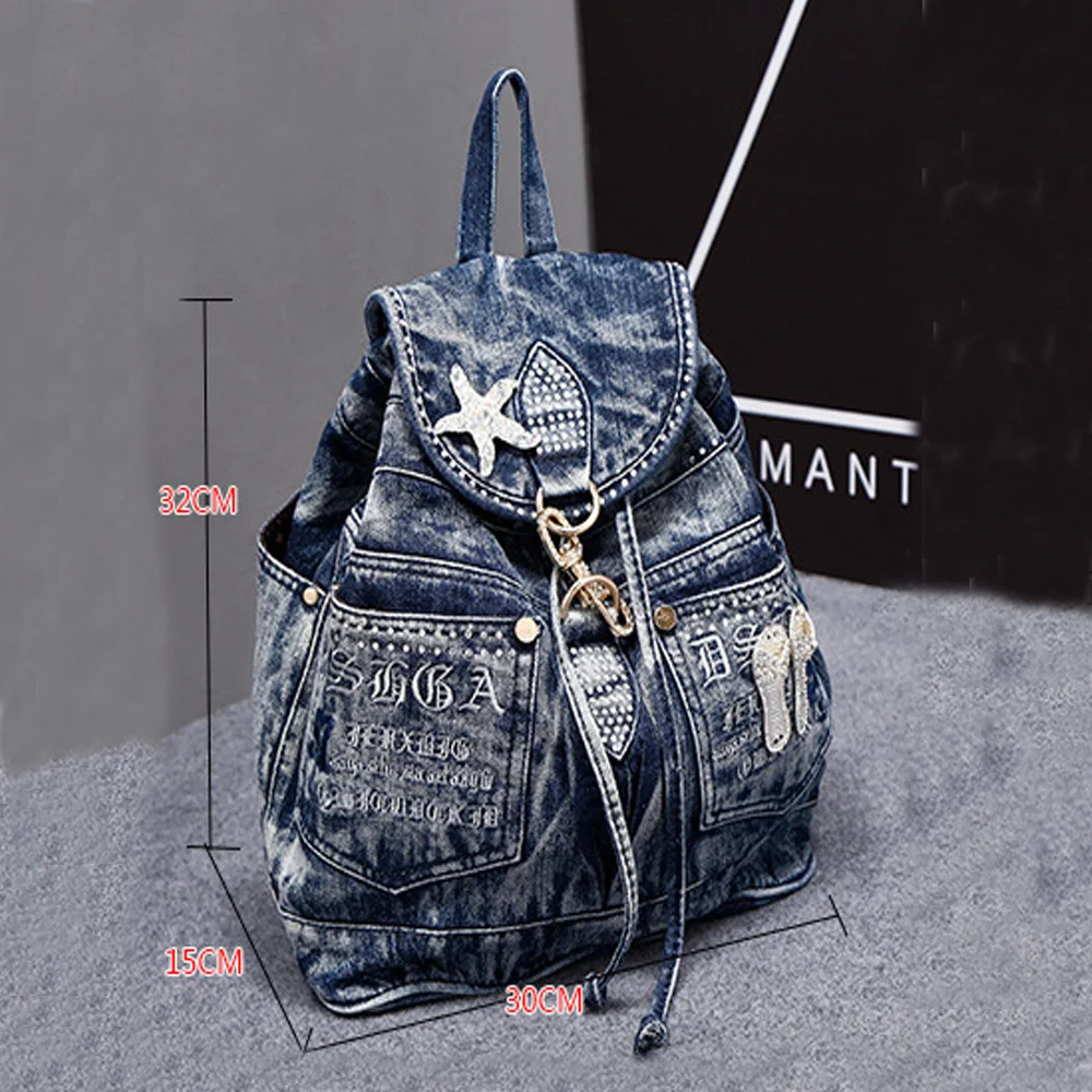 Neue Denim Rucksack Koreanische Version Retro Diamant Denim Tasche Straße Persönlichkeit Trend Damen Einfarbig Kordelzug Schloss Rucksäcke