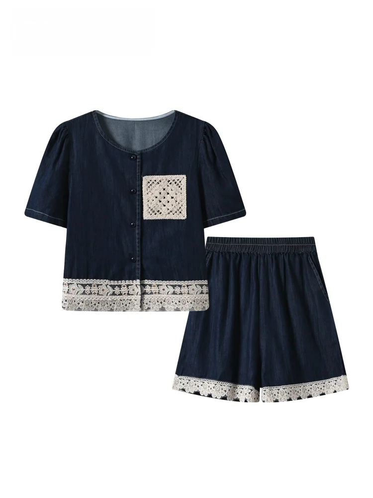 

Casual Summer plus Size Denim Set Women's Floral Trim Shirt Wide Leg Pants Short Sleeve Casual Fashion Ensemble for plus Size