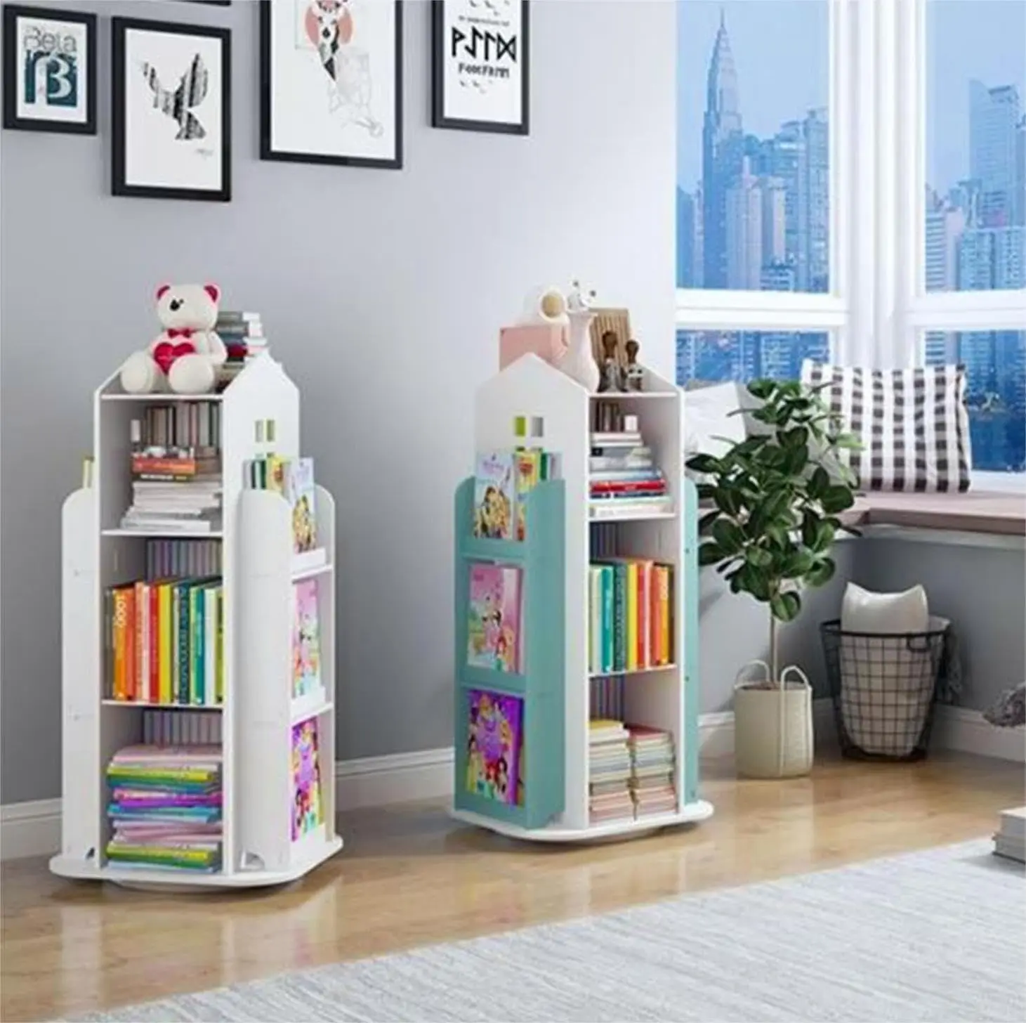 4 livelli 360 °     Scaffale girevole, scaffale per libri castello indipendente Libreria angolare girevole moderna Scaffale salvaspazio per organizzare