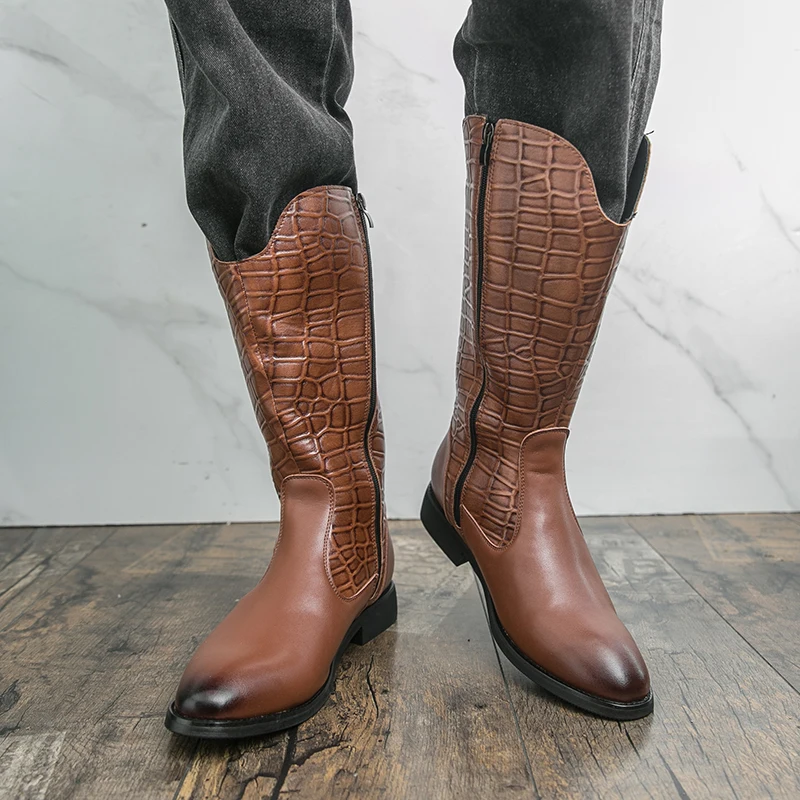 

Classic Western Cowboy Boots Brand Side Zipper High Top Leather Boots High-quality Autumn and Winter Pointed Business Mens Boots