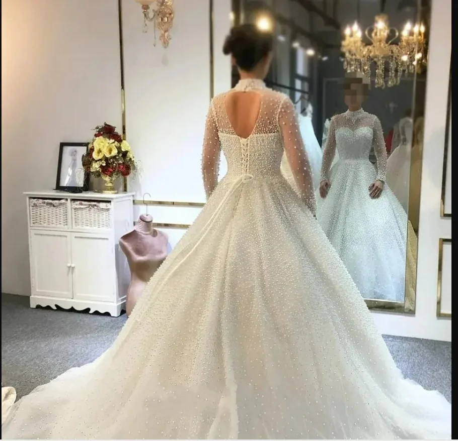 Customized High Collar  Shinny Full  Heavy Pearls A-Line Wedding Dress Vestido De Novia  Corset Back Long Sleeves  Bridal Gowns