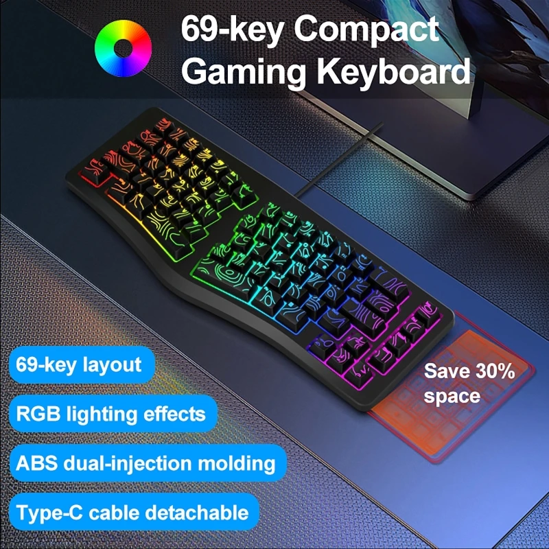 

69-клавишная эргономичная клавиатура с RGB-подсветкой, игровой набор клавиш Type-C, проводная компьютерная офисная клавиатура, игровая клавиатура