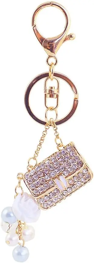 Un paquete de llavero de coche con cadena de camelia de cristal y perlas simuladas, bonito, con diamantes de imitación, para llavero, soporte de hebilla de bolsa de regalo
