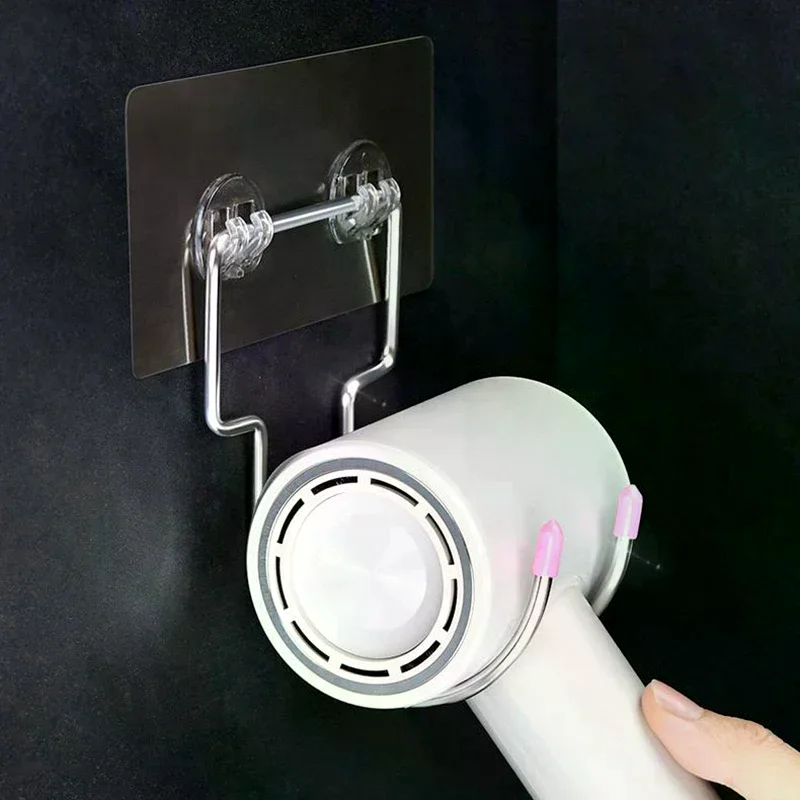 

1pcs Stainless Steel Hair Dryer Rack Bathroom Shelf Wall Mount Nail Free Installation Corrosion Resistant Storage Stand Hook