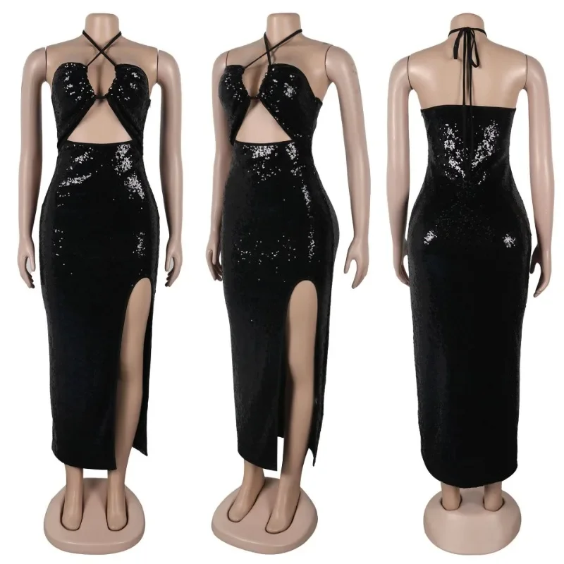 Kexu sexy aus geschnitten Pailletten ärmellose Neck holder Geburtstag Abend Party Kleid aushöhlen rücken freie Clubwear lange Maxi kleider aushöhlen