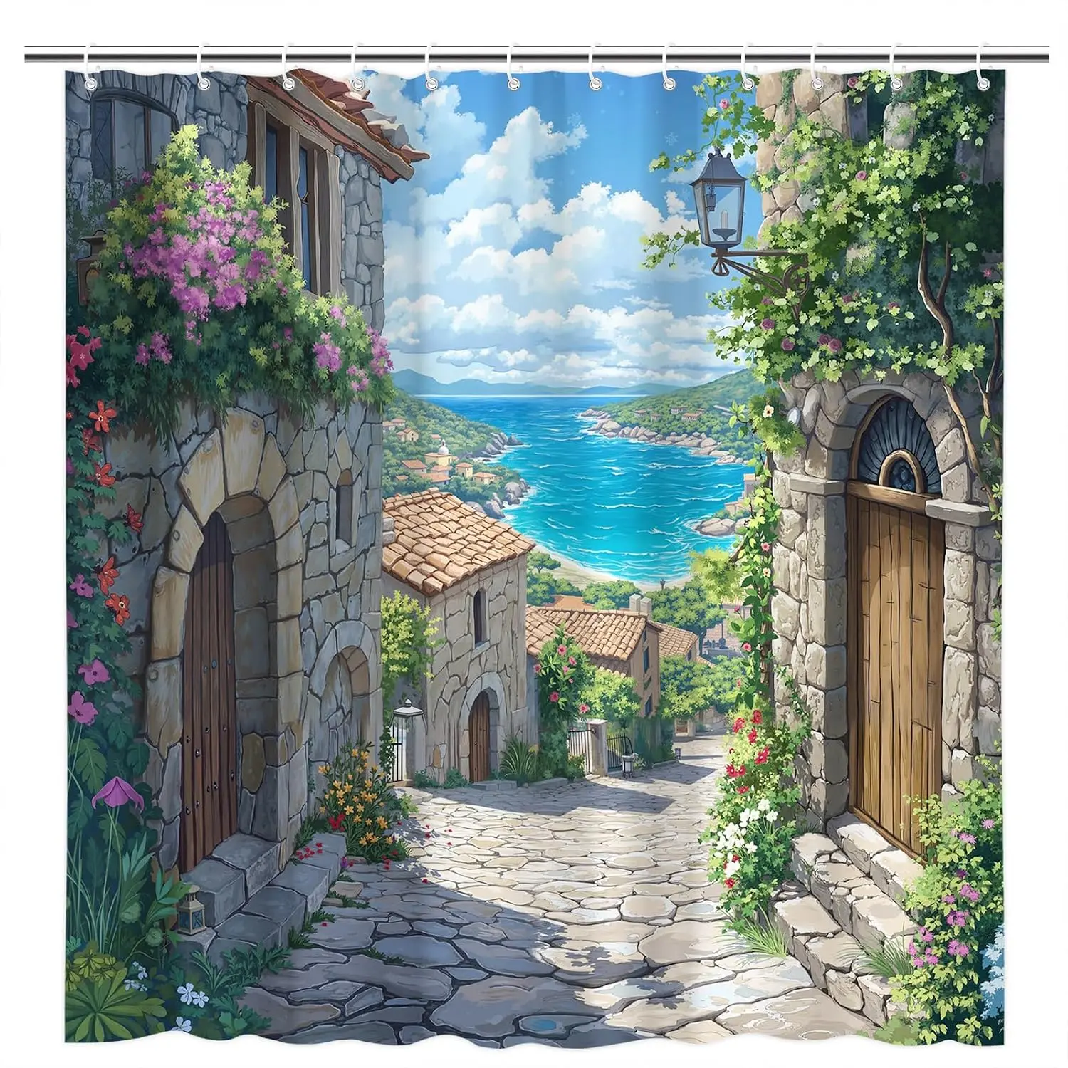 Mediterranean Coastal Village Shower Curtain Mural Watercolor Bath Decor European Style Bathroom Shower Liner