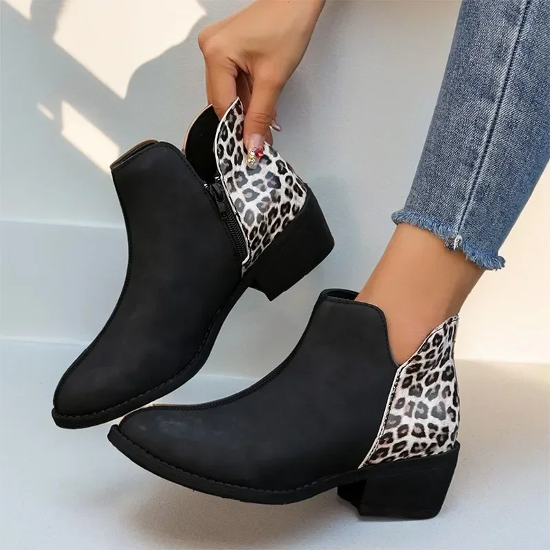 2024 Spring and Autumn Fashion Women's Retro Women's Short Boots Casual Leopard Print Short Boots Comfortable Women's Boots