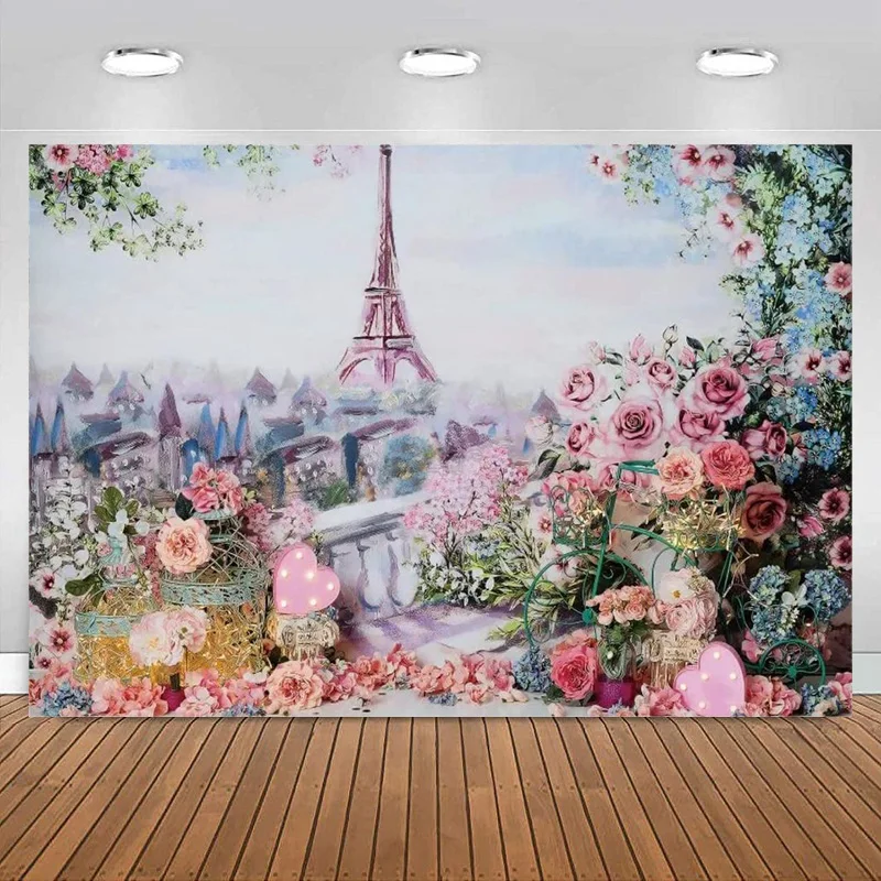 

Eiffel Tower Backdrop Photography Pink Flowers Paris Landmark Landscape Background Banner Wedding Anniversary Party Decorations