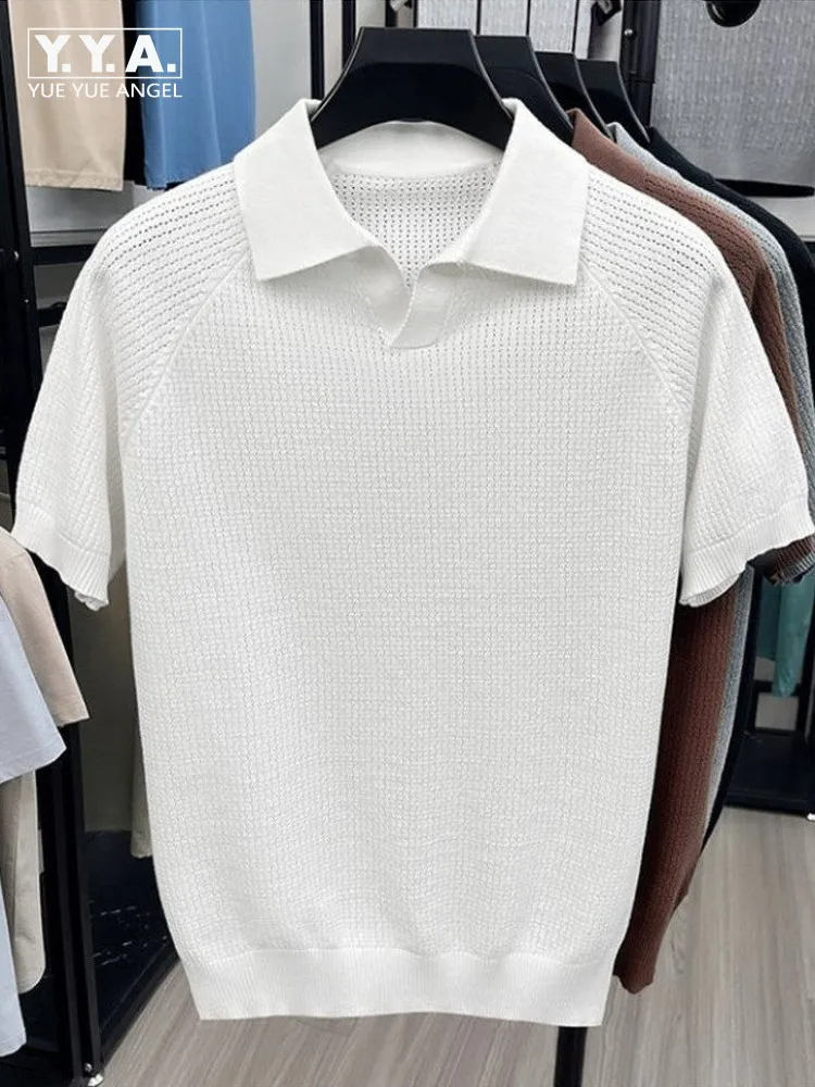 

Summer Mens Short Sleeve Knitted T-Shirt Solid Color Turndown Collar Pullover Tops Male Thin Breathable Casual T-Shirts Hot Sale