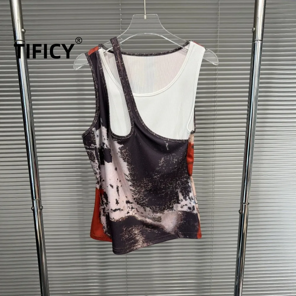 High Street Tees Tanks Women's Summer New Fashionable Color Contrast Printed Stacked Fake Two Piece I-shaped Tank Top
