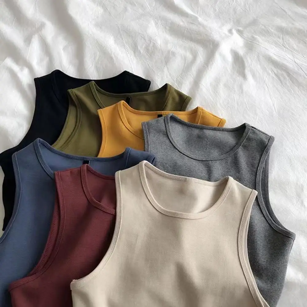 Women Camisole Women’s Summer Vest Tank Tops Slim Fit Cropped Tops Solid Color Round Neck Bottom Shirts for Daily Wear