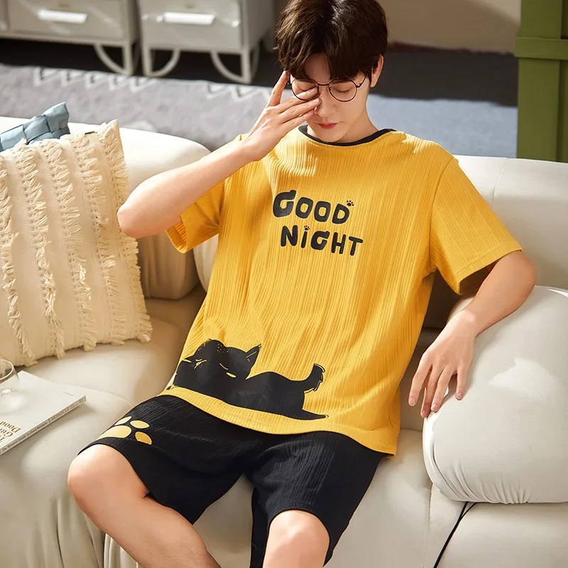 Cotton Summer Thin Men\'s Pajamas Set Plus Size Short Sleep Tops Pant Sleepwear Suit Male Home Suit Homewear Casual Pyjamas