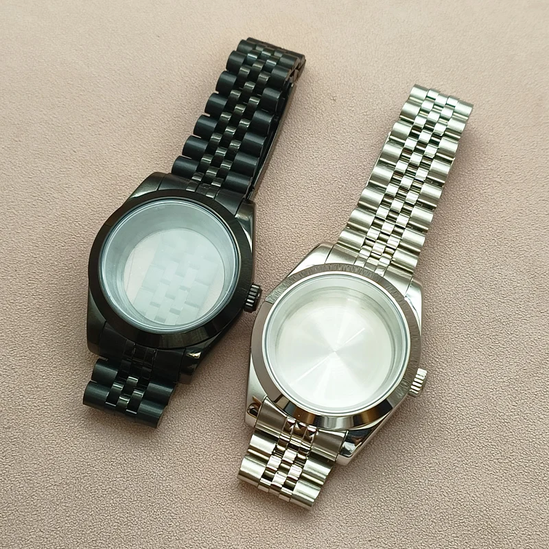 39mm Black Silver Watch Case and Strap Sapphire Crystal Glass Fits NH35 NH36 Japan Movement Transparent Back Cover Watch Cases