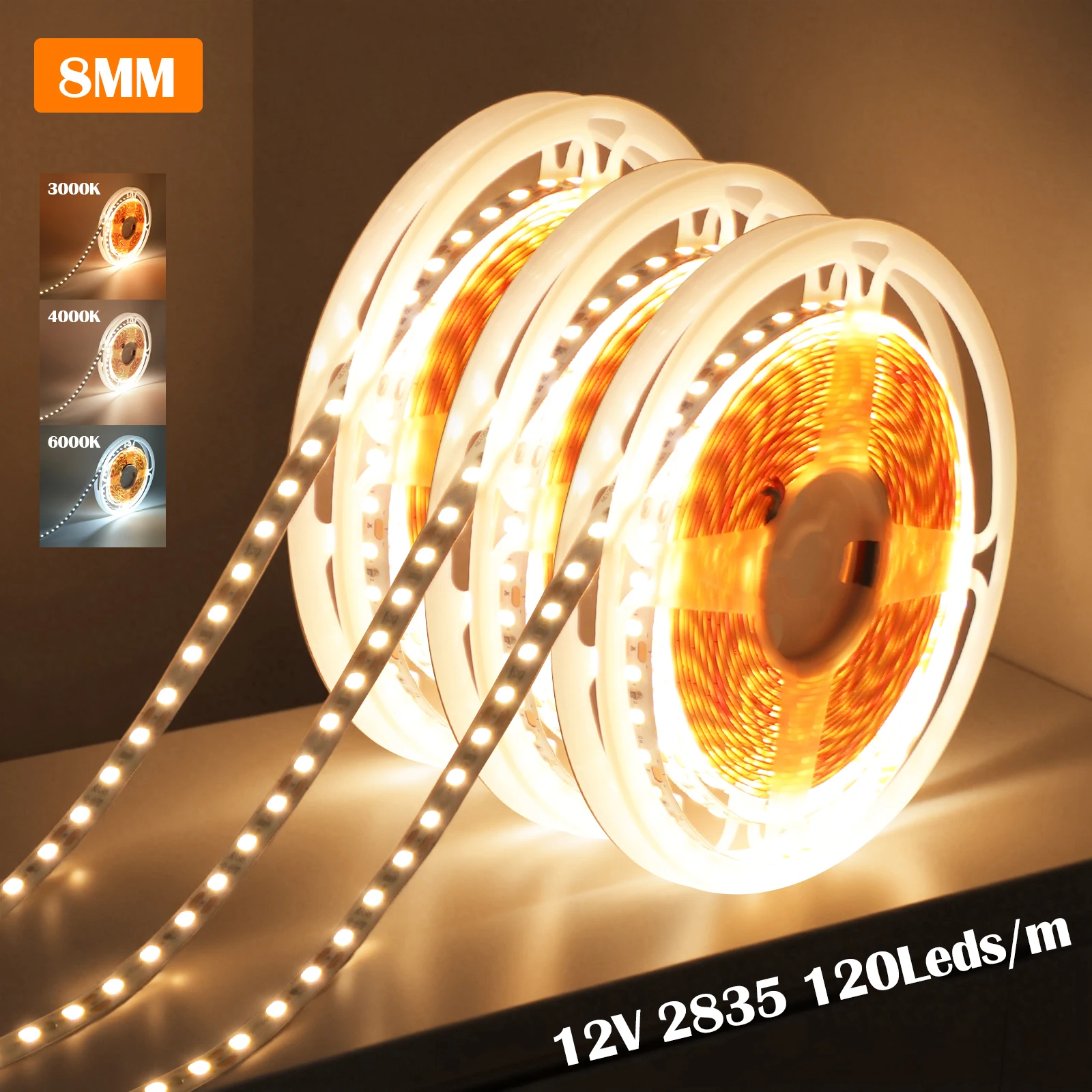 

DC 12V 5M 3000K 4000K 6000K RA98 LED Strip Light 2835 120LEDs/m High Brightness Home Lamp Strip 8mm PCB Cuttable LED Light Tape