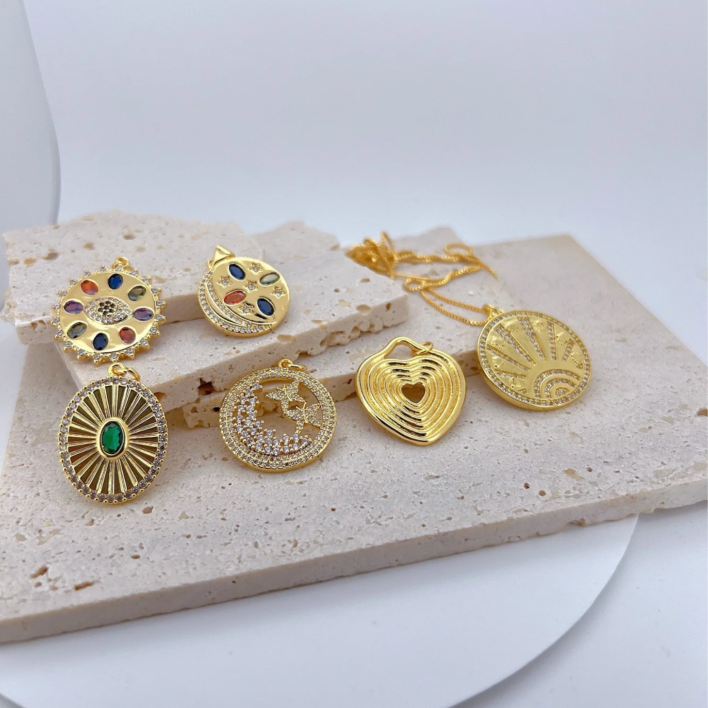 2Pcs DIY Jewelry Accessories Inlay Zircon Copper Plated Gold Pendant Round Oval Heart Bracelet Necklace Earring Making Supplies