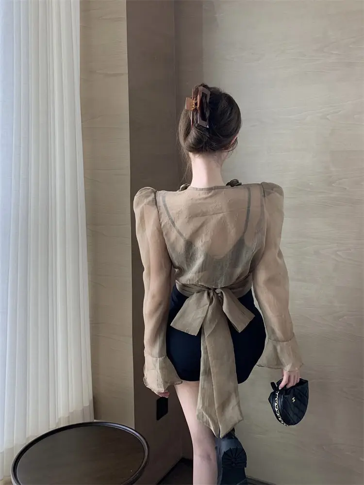 French Retro Three-dimensional Flower Lace-up Waist Shirt Early Autumn Mesh Versatile Chic Top for Women