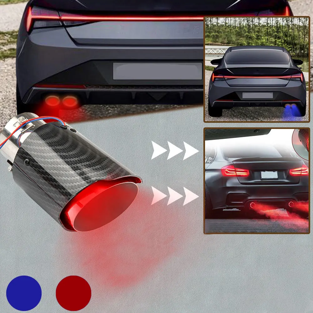 

Glossy Car Carbon Fibre Exhaust System Muffler Pipe Tip 63-65mm Metal Car Mufflers Exhaust Tip Pipe with RED/ Blue LED Light