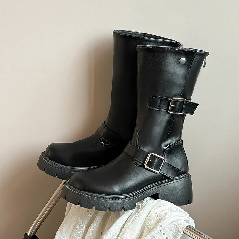 جديد 2025 النمط البريطاني مشبك منتصف الفخذ الأحذية النسائية جولة تو البريدي كتلة كعب منصة أحذية فارس الغربية