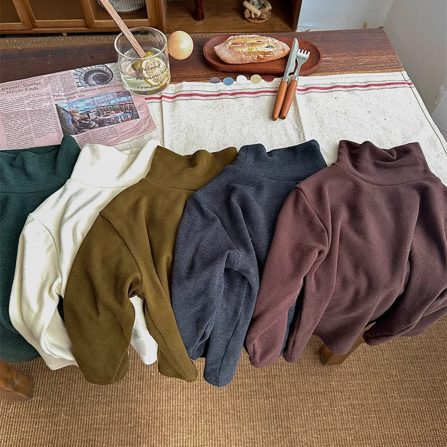 New Product 2025 Children's Solid Color Cotton Turtleneck Bottoming Shirt Male and Female Baby Foreign Style Top