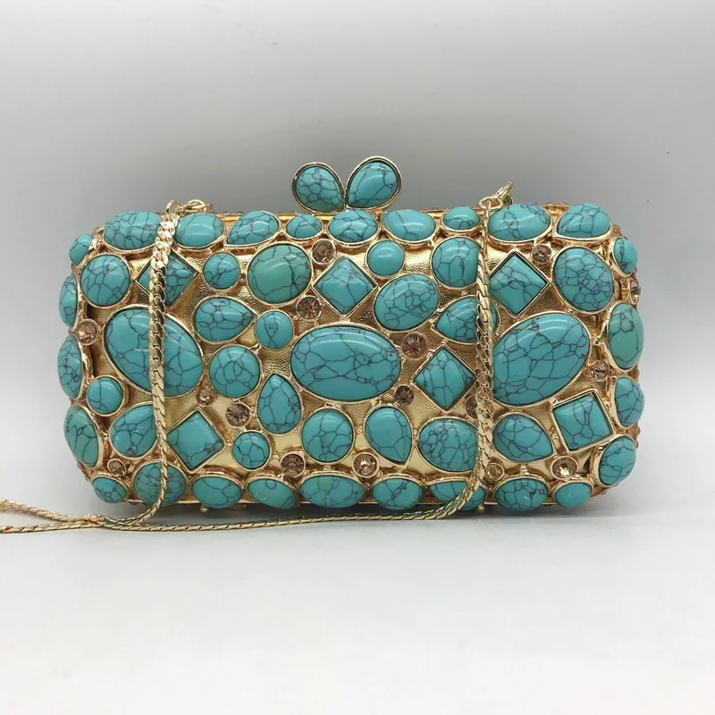 Women Turquoise Synthetic Agate Stone Evening Bags Lady Dinner Party Handbags Prom Bag Bridal Clutches Wedding Purse