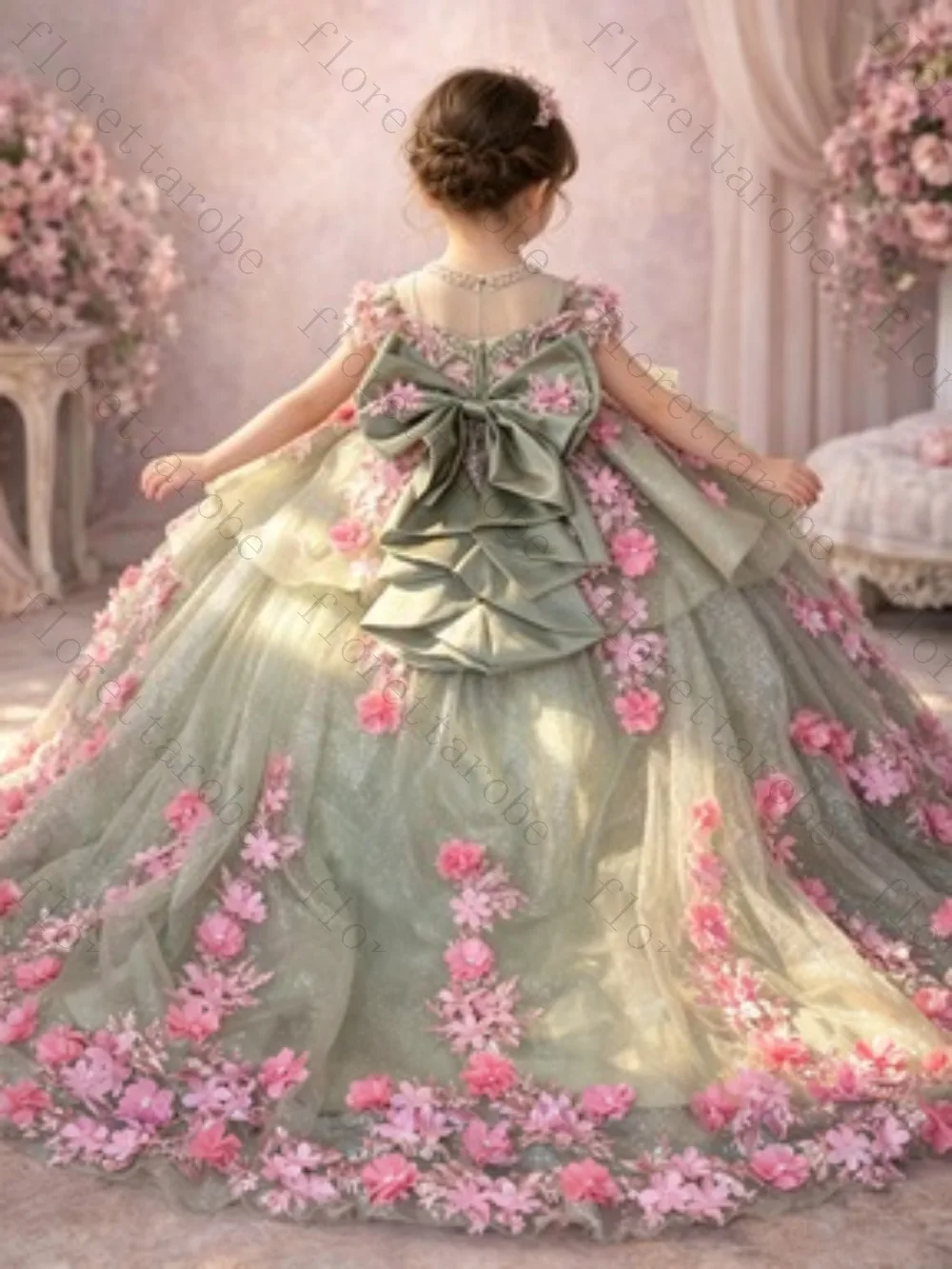 Customized Sage Green Off Shoulder Kids Pageant Gown Spaghetti Strap 3D Pink Floral Applique Multi Layer Glitter Garden Wedding