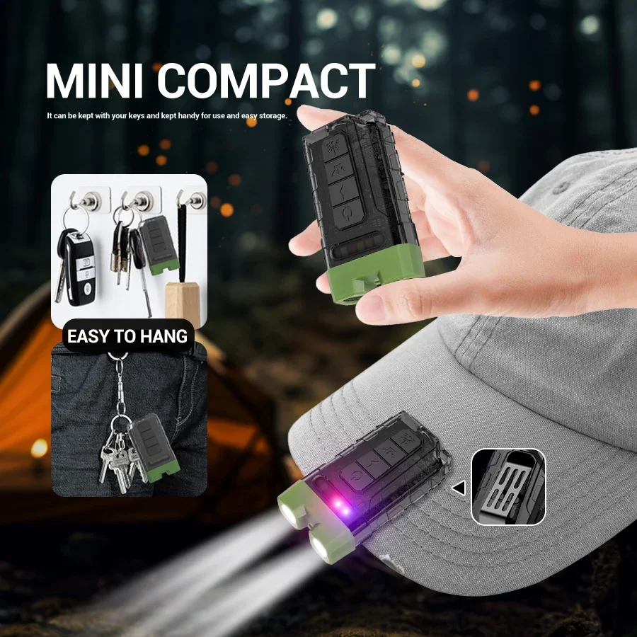 LED Flashlight USB Rechargeable Work Light with Tail Magnet Outdoor Clip Light Mini Keychain for Camping Fishing Self Defense