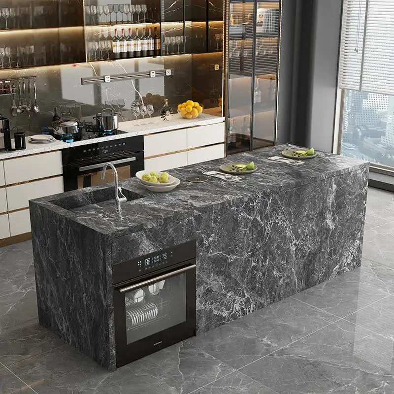 Natural Marble Kitchen Island with Storage & Wine Cooler, Customizable Luxury Cabinet, Waterproof Countertop for Spacious Home​​