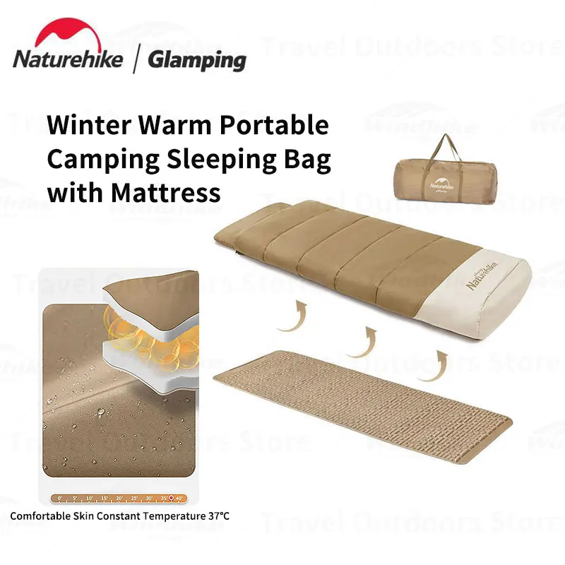 Naturehike Camping 2 in 1 Sleeping Bag+Mattress Outdoor Envelope Style Sleeping Bag Travel Warm 1℃ Sleeping Bag 200cm Length