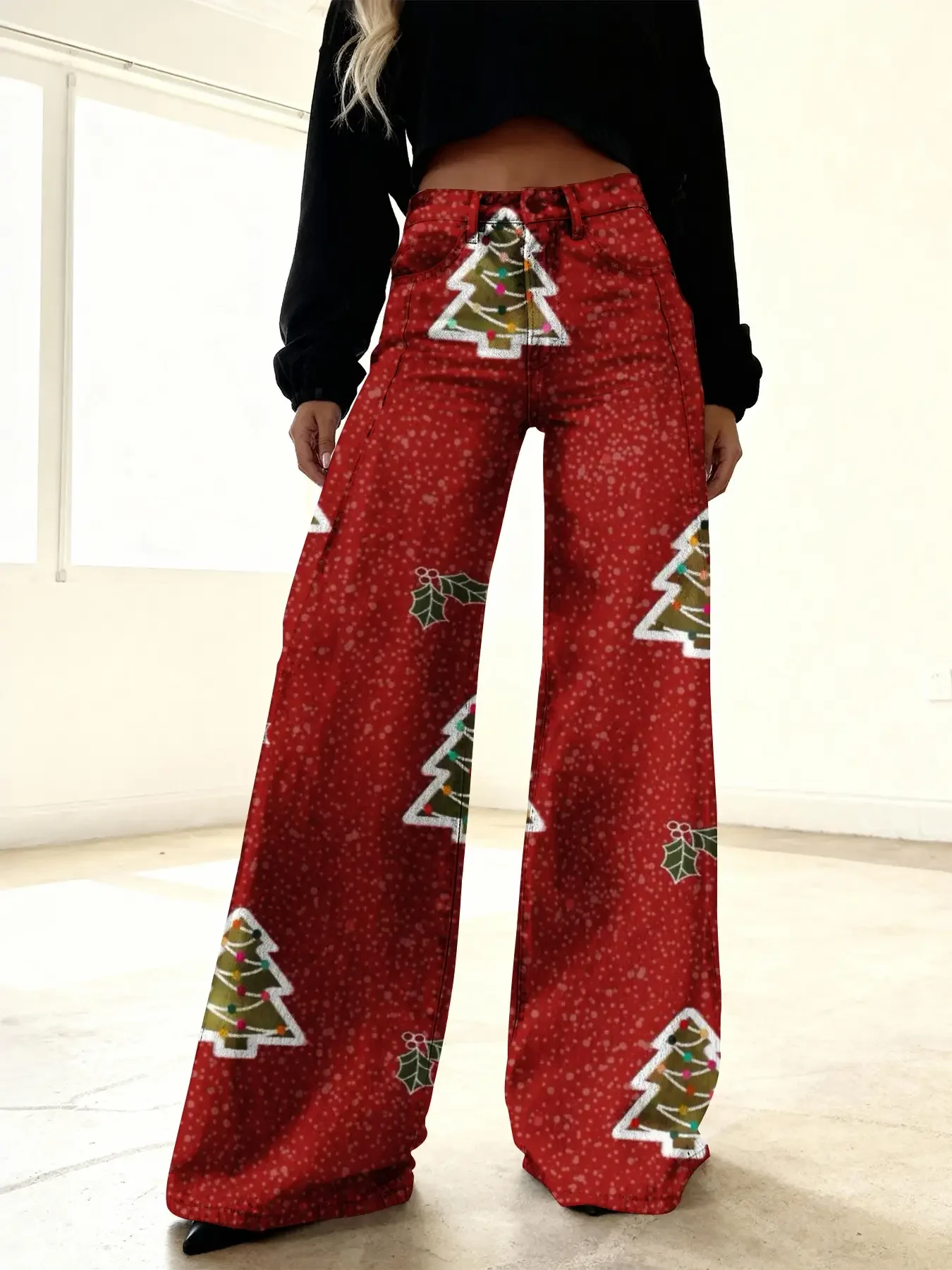 2026Ladies' new Christmas printed jeans made of imitation denim fabric, High end Queen pants