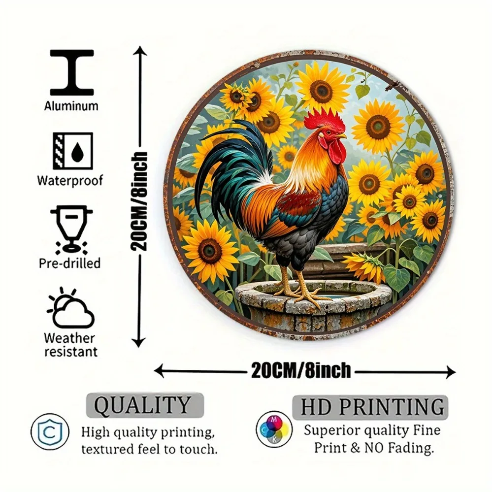 2D Metal Sign, Vintage Farmhouse Chicken Sunflower Metal Wall Decor, Lightweight Aluminum Rustic Rooster Art for Kitchen Living