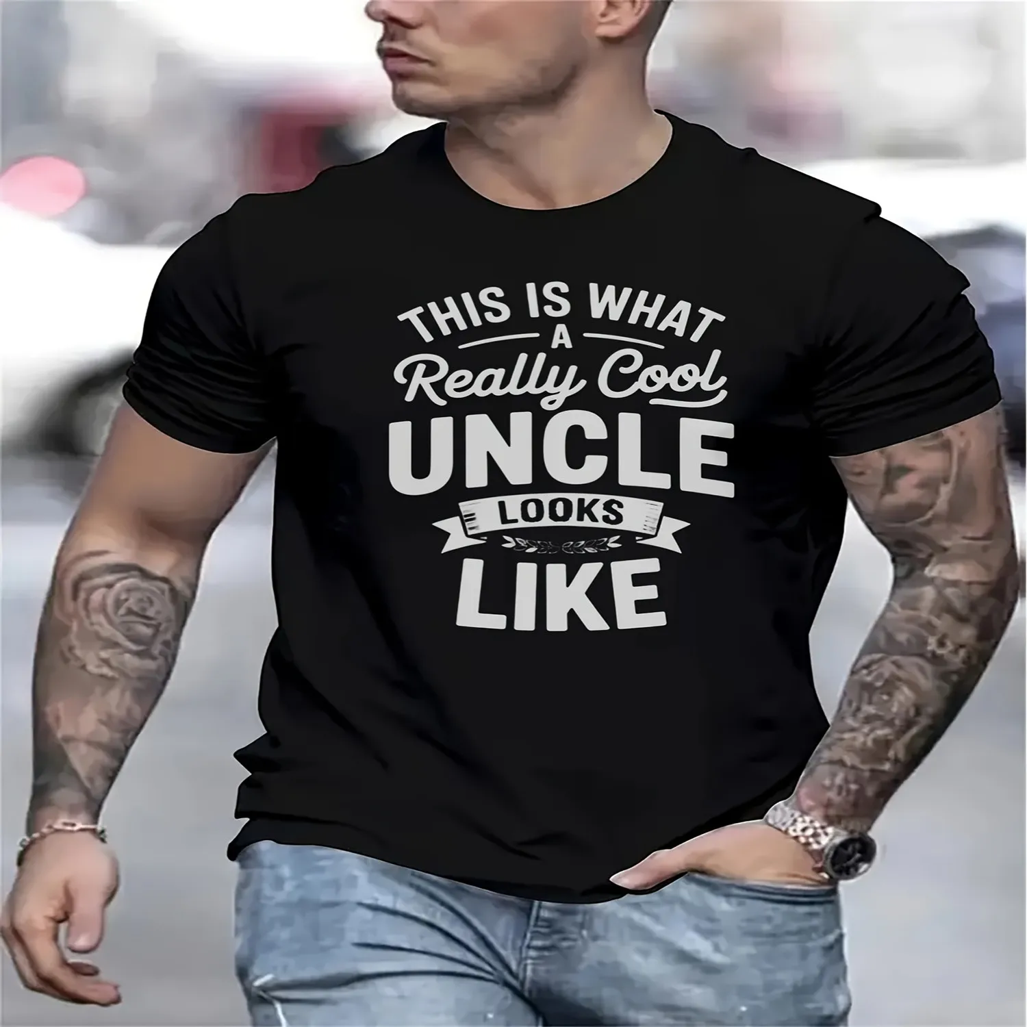 Funny Uncle Gift Men's T Shirt This Is the Real Cool Uncle Geometric Pattern Printed Short Sleeved Shirt 100 Breathable Summer Fabric Regular Pattern Casual Top Machine Washable Fun T ShT Shirt f gift for men, everyday wear tee