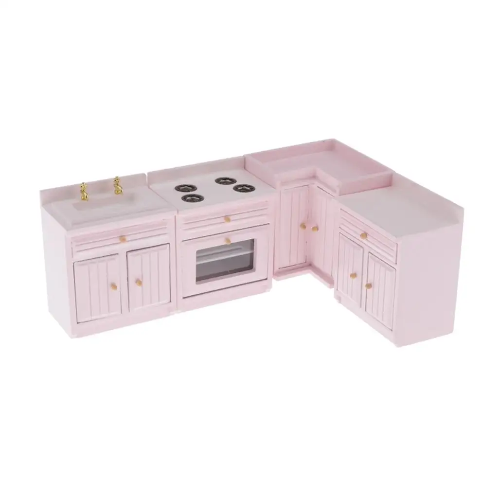 Dollhouse Kitchen Furniture Set, Wooden Cooking Bench Cabinet Set Miniatures for Dolls House Kitchen Appliance