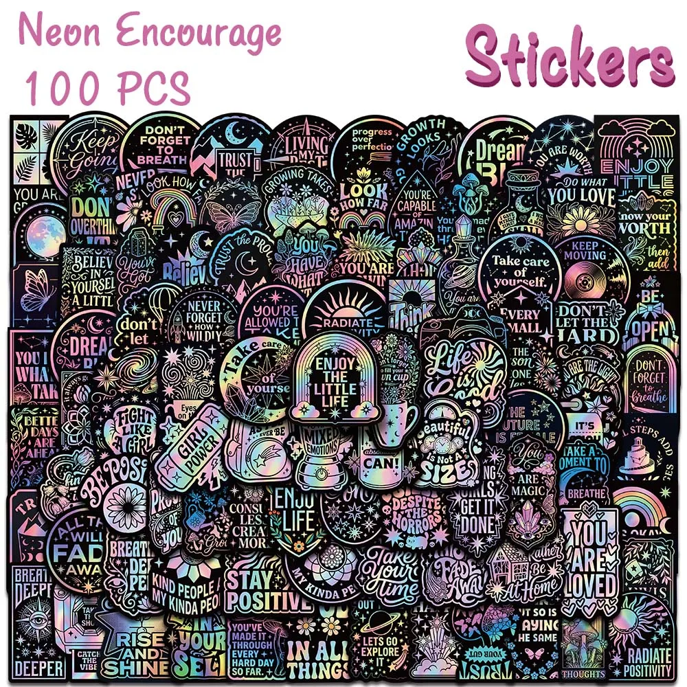 50/100pcs Neon Laser Encourage Stickers Inspirational Quote Decal For Laptop Journal Phone Scrapbook DIY Aesthetic Stickers Gift