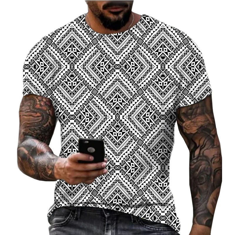 2024 New Summer Retro Personalized 3D Printing Short sleeved Youth Slim Fit Bottom Shirt Round Neck Men's T-shirt