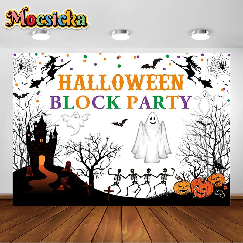 

Mocsicka Halloween Block Party Children Photo Backgrounds Bat Old Castle Ghost Decoration Banner Photography Backdrops Photocall